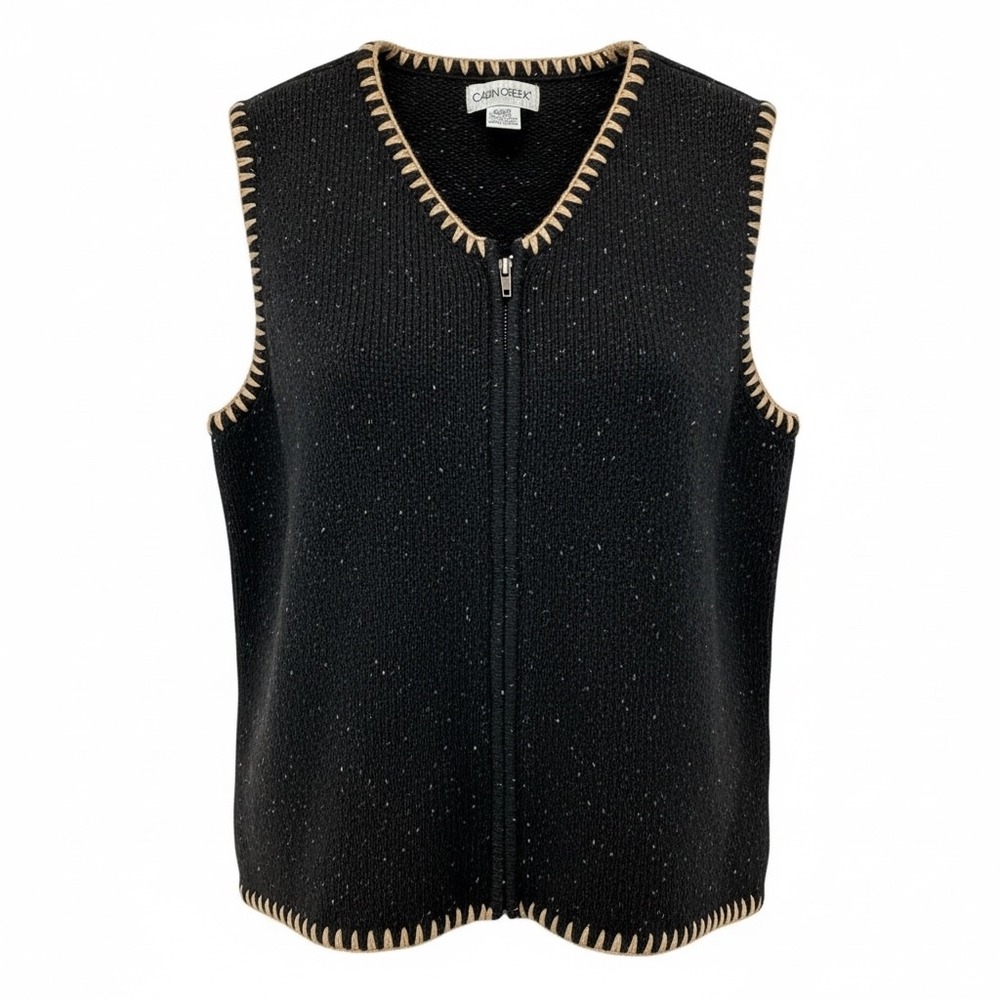 Cabin Creek Vest Womens Large Black Tan Trim Speckled Knit Zip Up Ramie Warm - Picture 11 of 12